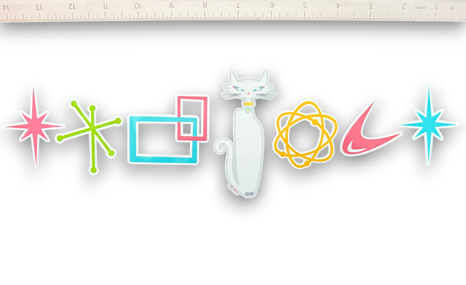 Retro Atomic Mid Century Symbol Vinyl Stickers Starburst Atom White Cat