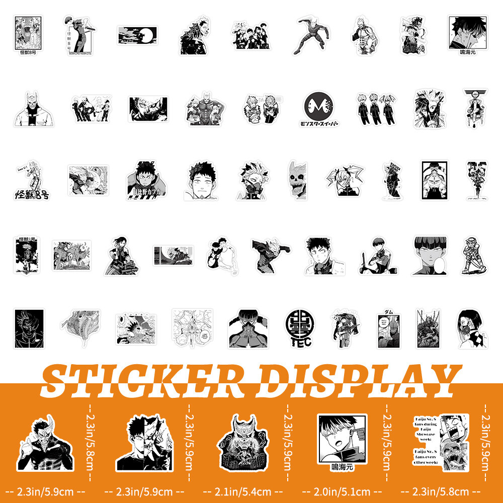 100Pcs Black and White Kaiju No. 8 Anime Sticker for Teens Girls Water Bottles