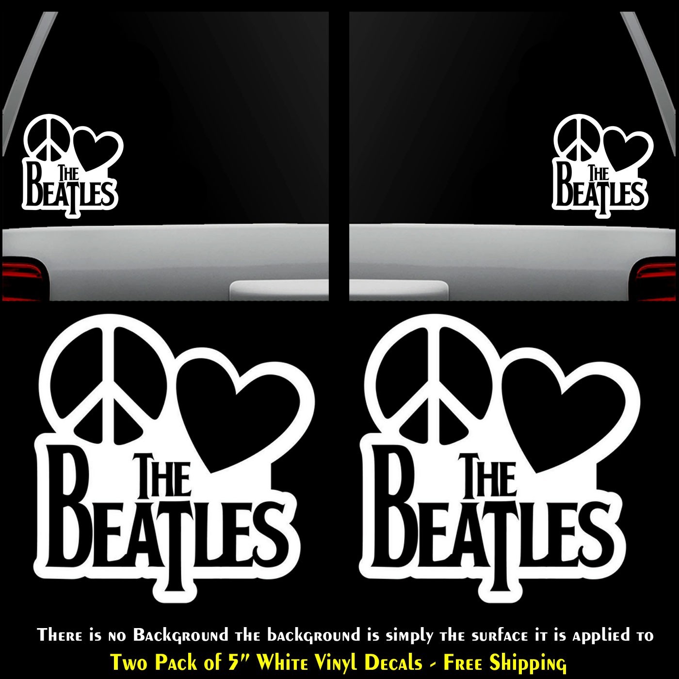 Peace Love The Beatles Two 5″ White Vinyl Decals Vehicle Window Any Flat Surface