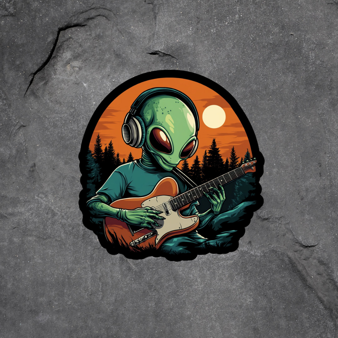Alien playing guitar sticker vinyl decal artist musician cryptid laptop window