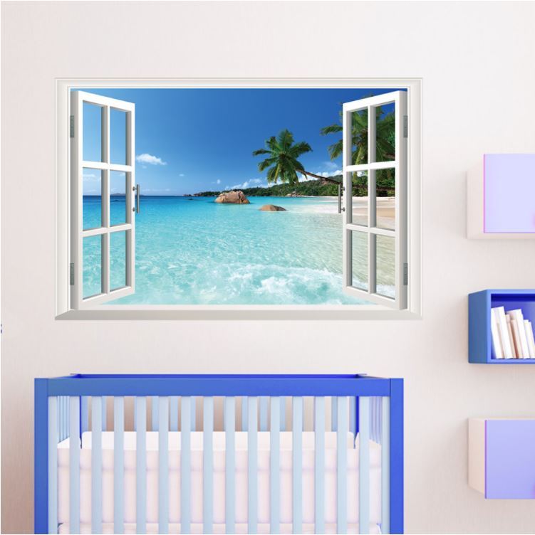Wall Sticker 3D Window Hawaii Beach Living Room Bedroom Decal Lobby