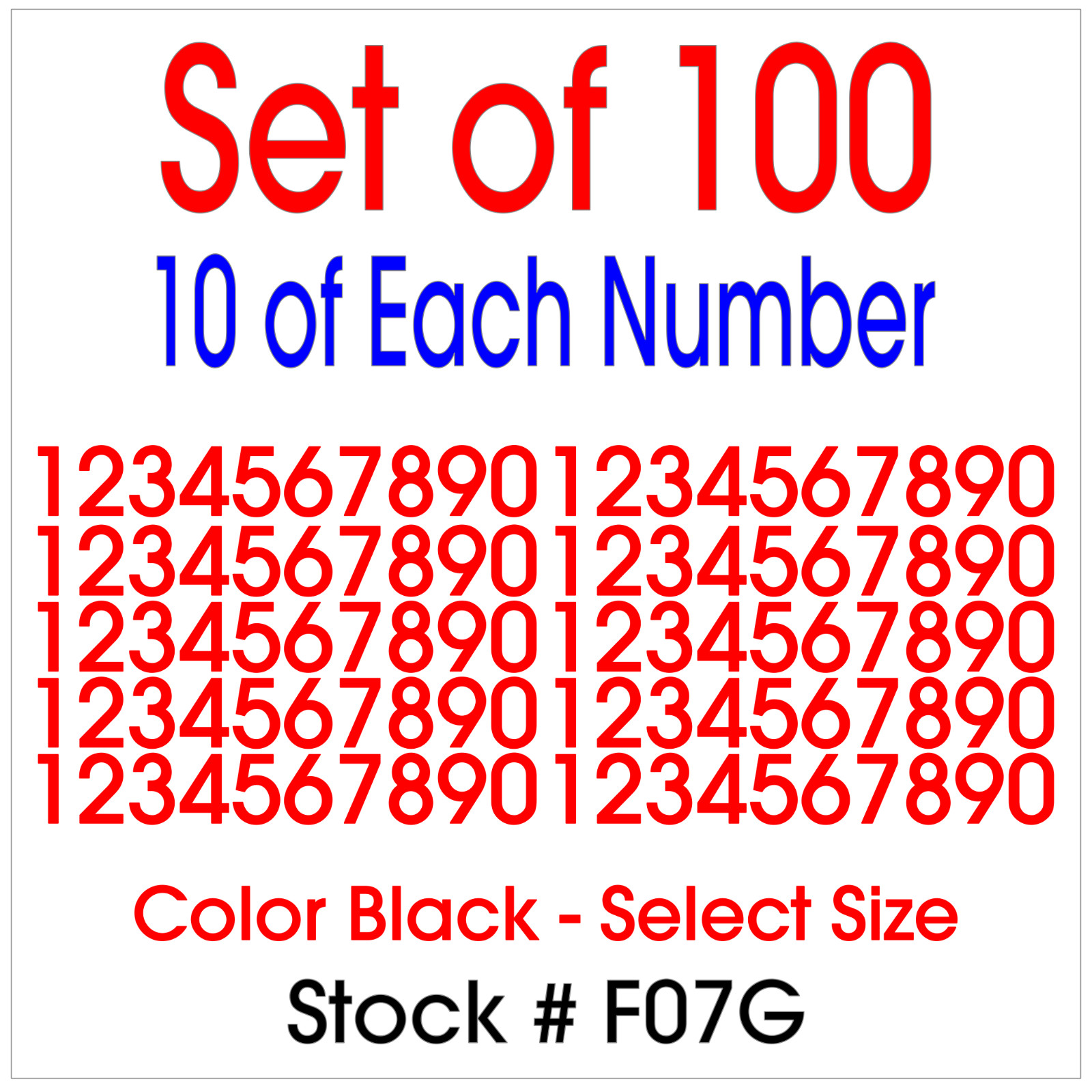 10 Sets of 0 9 Numbers – 100 Total Vinyl Sticker Decals – RED – STK#F07G