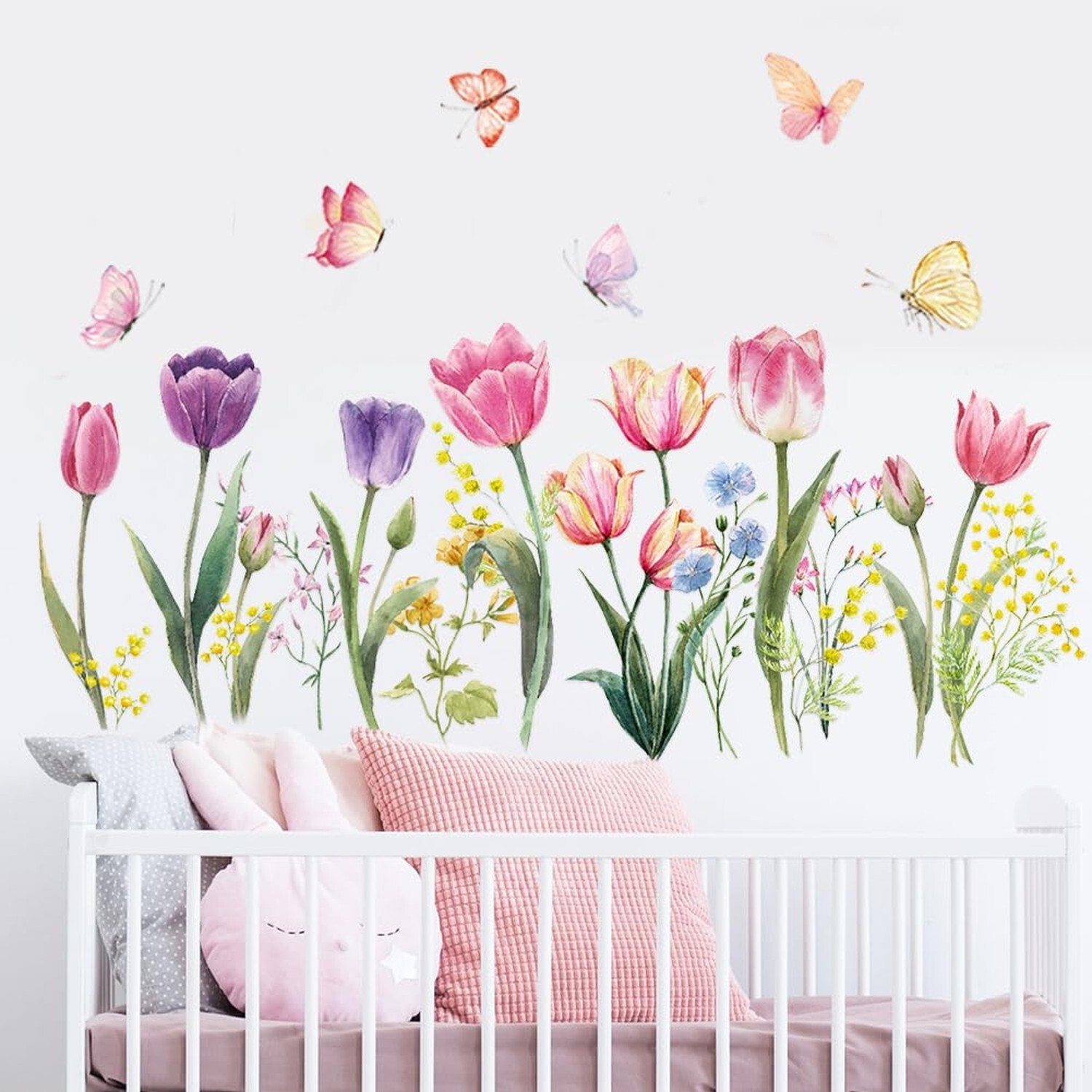 Tulip Flowers Wall Decals Watercolor Floral Butterfly Wall Stickers Colorful …