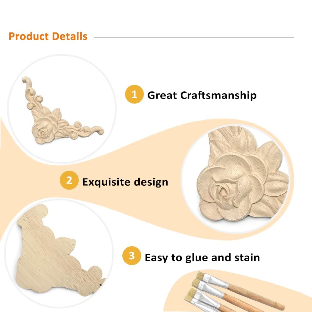 20 Pcs Decorative Wood Flower Carved Appliques 3.1inch Corner Onlay DIY Unpai…