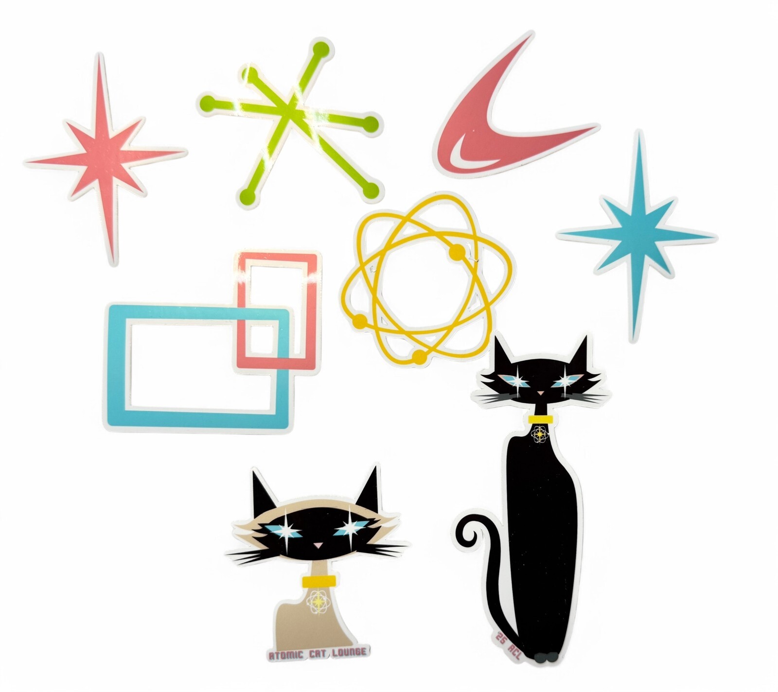 Set 8 Atomic Mid Century Symbol Vinyl Stickers – Starburst Atom Black Cat