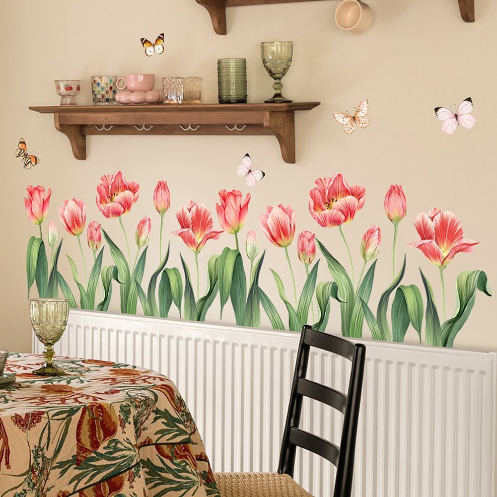 Large Tulip Flower & Butterfly Floral Art Decal Wall Stickers Home Decoration
