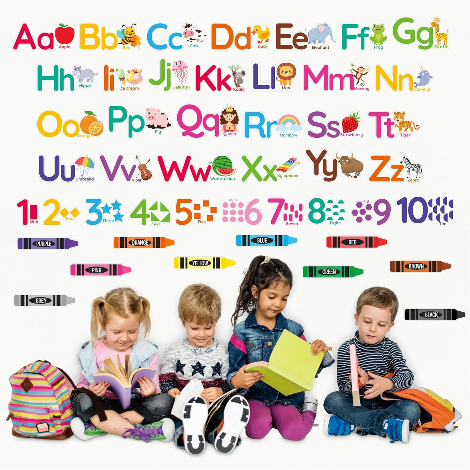 Animal Alphabet Numbers Wall Decals – 6 Sheets 55 Pcs Colorful Educational Wall