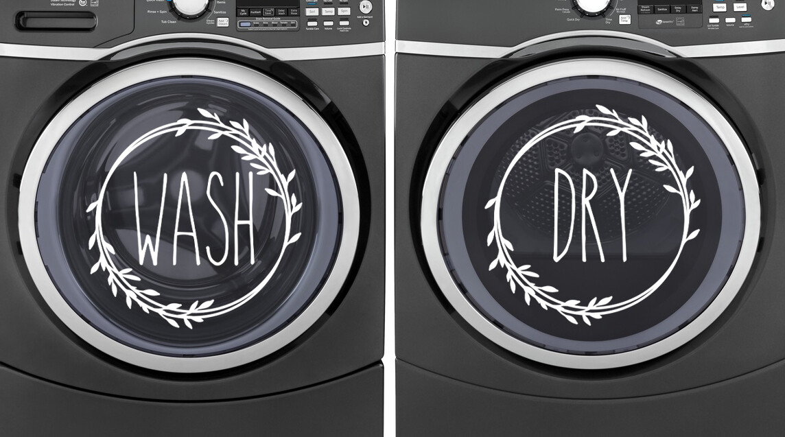 Wash Dry Wreath Vinyl Decals | Skinny Font Laundry Room Decor | Die Cut Stickers
