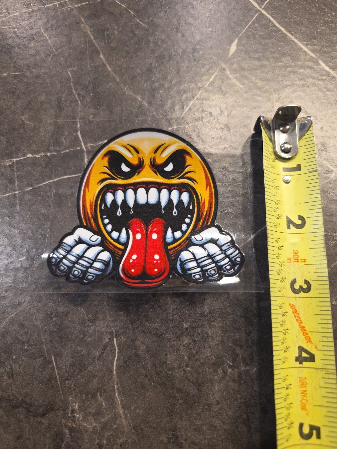 Excited Evil Smiley Face Tongue Out Fangs UVDTF Raised Decal Sticker Waterproof