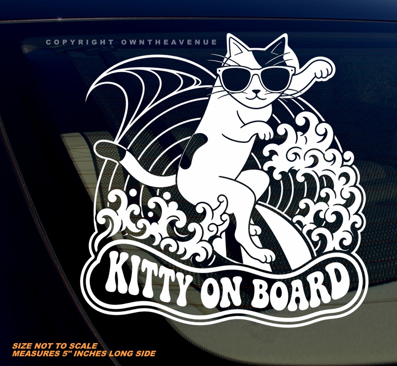 Kitty On Board Surfing Humor Joke Pet Vinyl White Decal – 5″ Inches Long Side