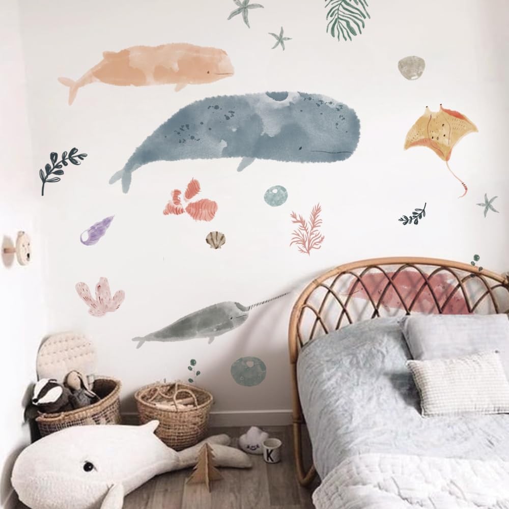 Ocean Life Whale Wall Stickers Decor,Peel and Stick Underwater Sea Animal Wal…