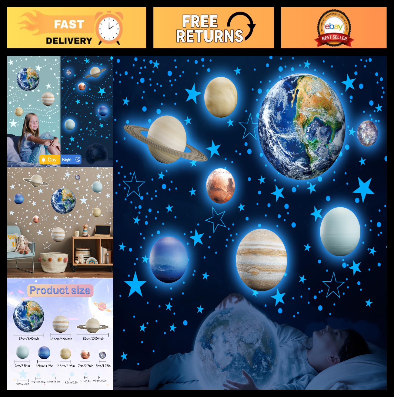 Glow in The Dark Solar System Wall Decals – Earth & Planets Stickers for Kids’ R