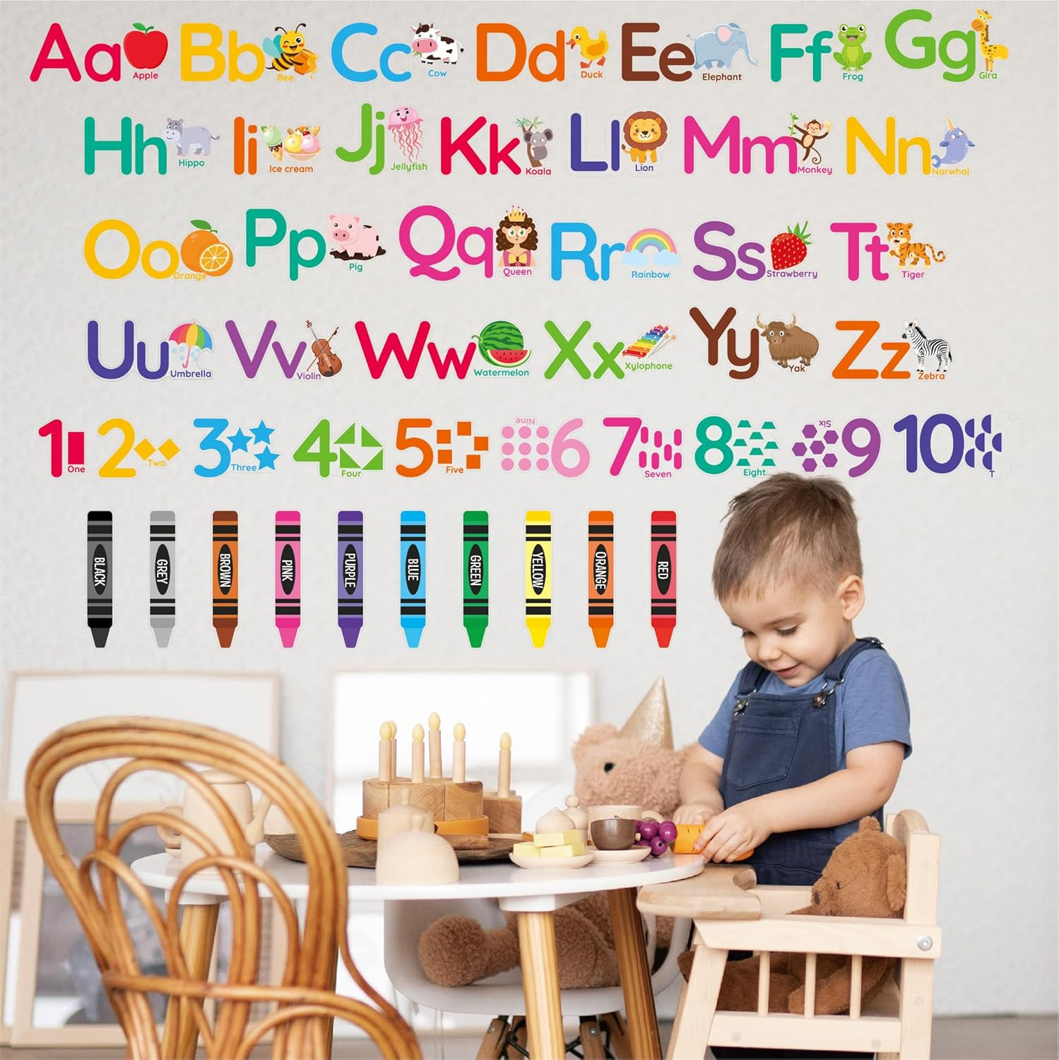 Animal Alphabet Numbers Wall Decals – 6 Sheets 55 Pcs Colorful Educational Wall