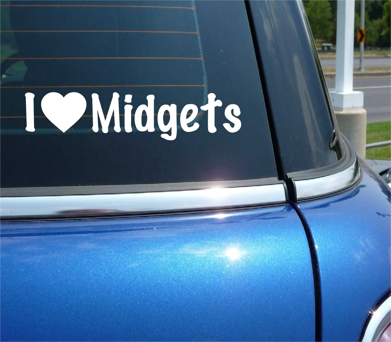 I LOVE MIDGETS DECAL STICKER HEART LITTLE PEOPLE PERSON SHORT DWARF CAR TRUCK