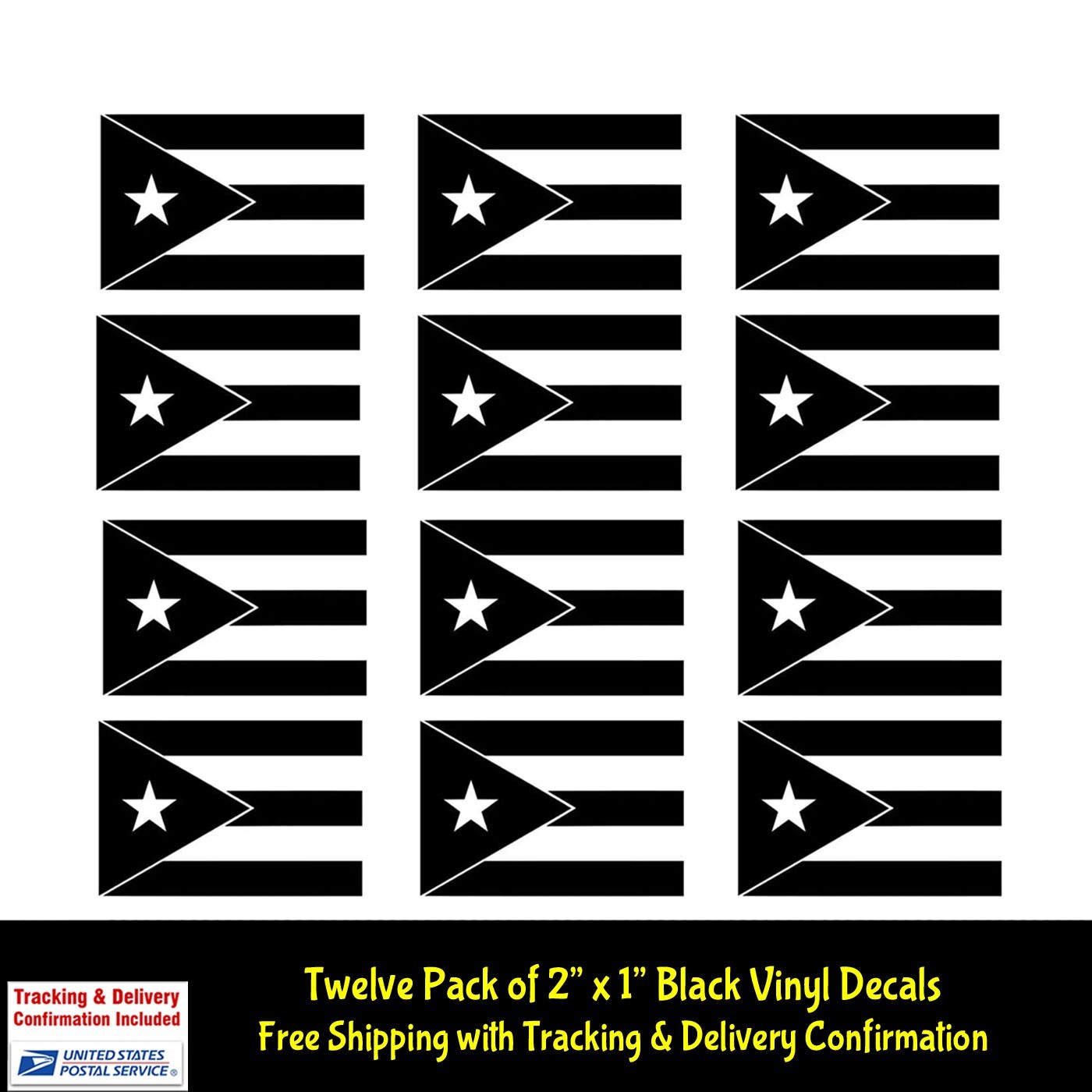Puerto Rico Flag (12) 2″ Black vinyl decal Car Window Laptop Tablet Tumbler Mug
