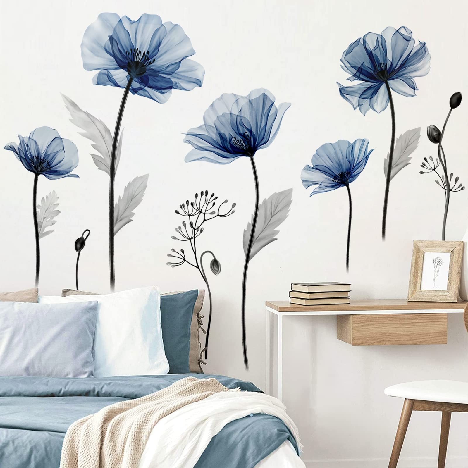 decalmile Large Blue Flower Wall Decals Floral Plants Multi Color