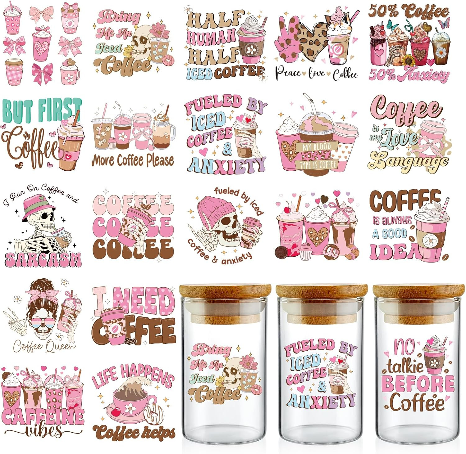 UV DTF Cup Wraps – 20 Sheets Pink Coffee Milk Tea Drinks Uvdtf Tumbler Wrap for