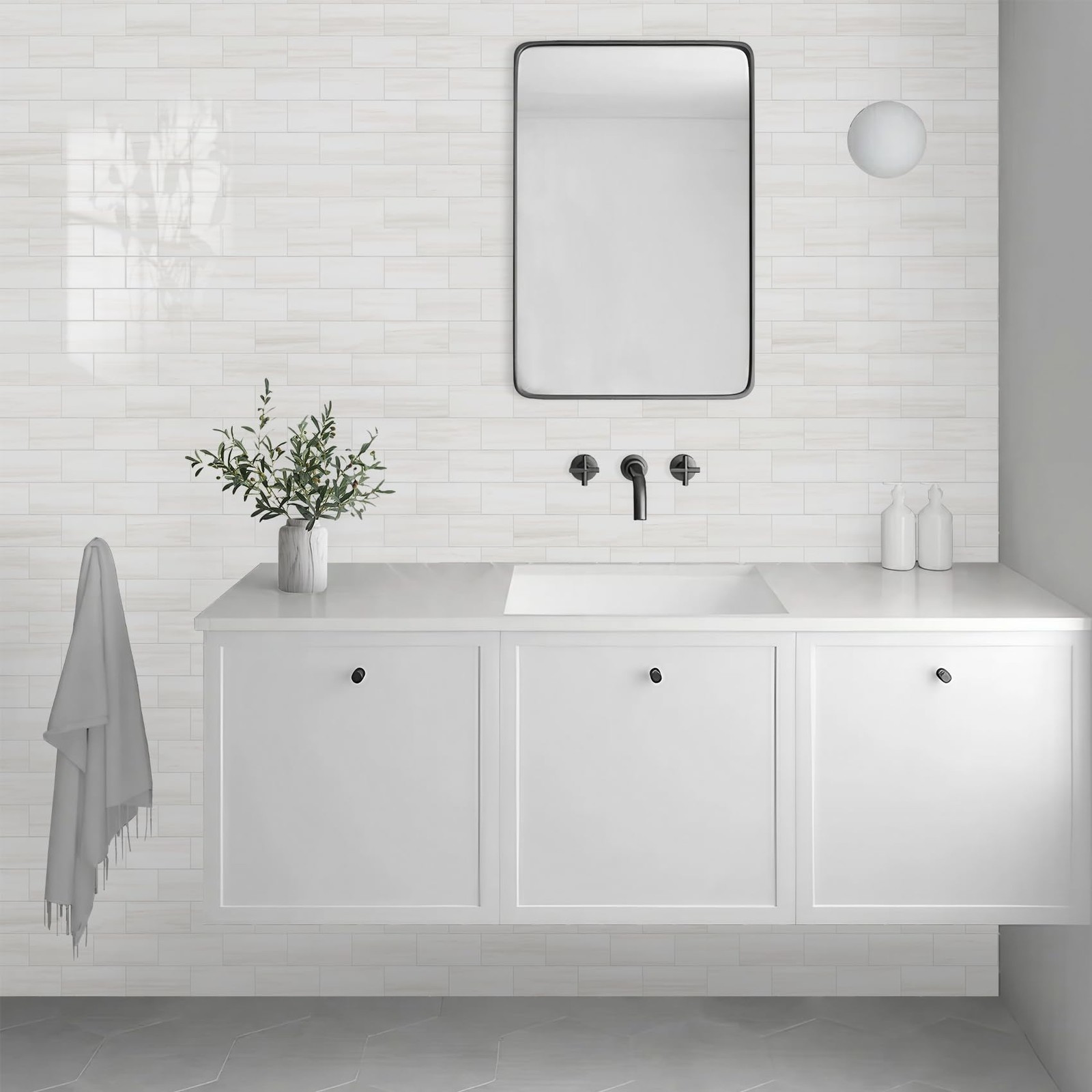 Vamos Tile 100-Piece Glossy Dolomite White Peel and Stick Backsplash Tile,3”…