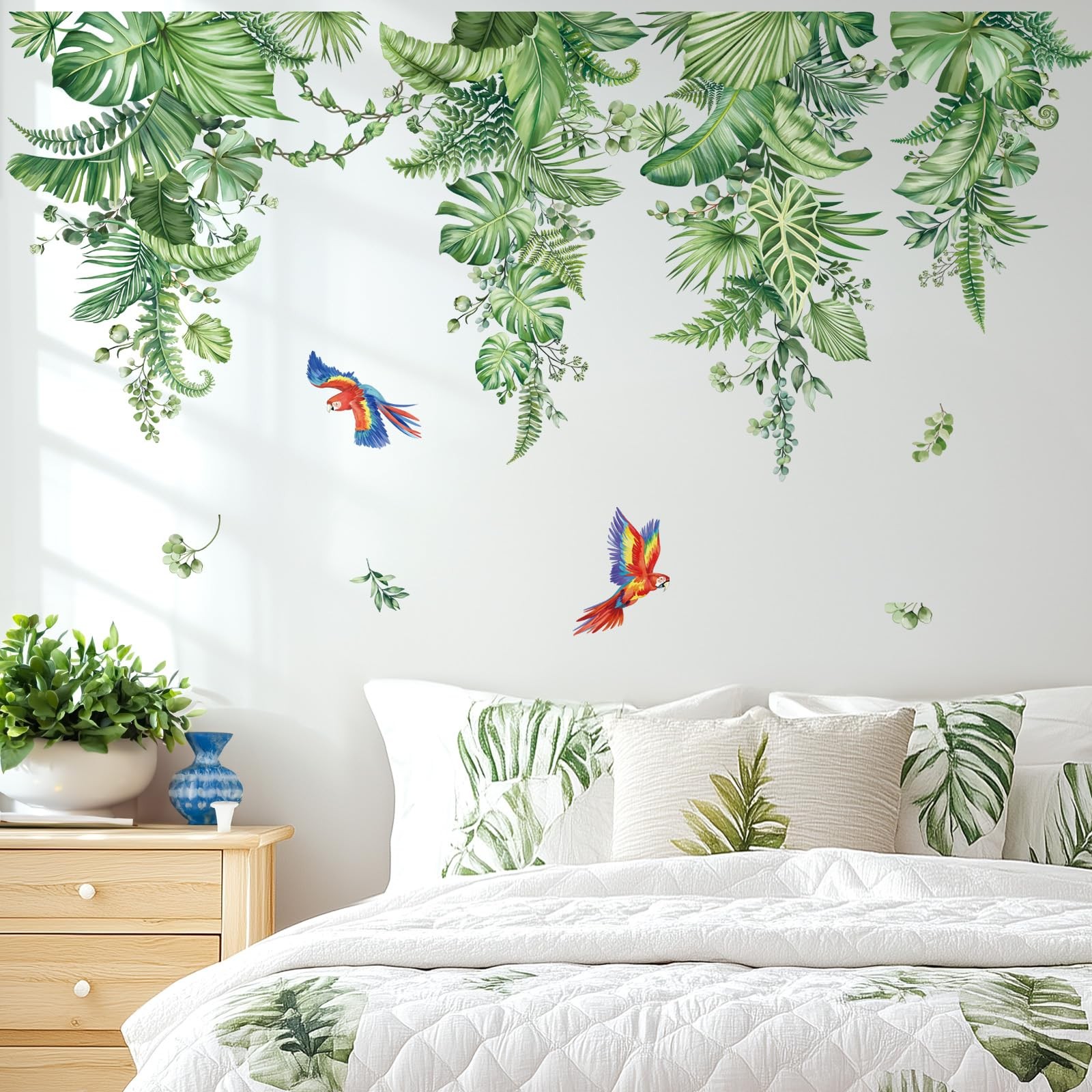 Hanging Tropical Leaves Wall Decals Green Plants Palm Leaf Vines Parrots Wall…