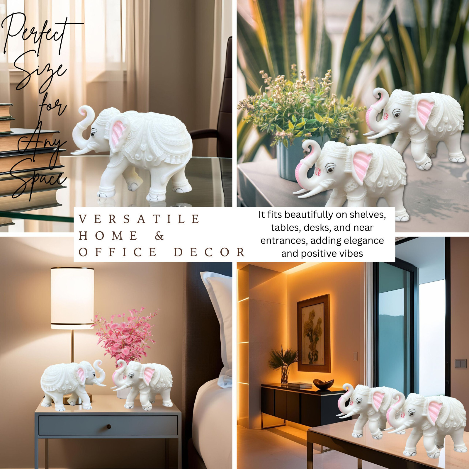 White Marble Elephant Statue Pair 5×6 Inches, Trunk Up Decorative Elephant Idols