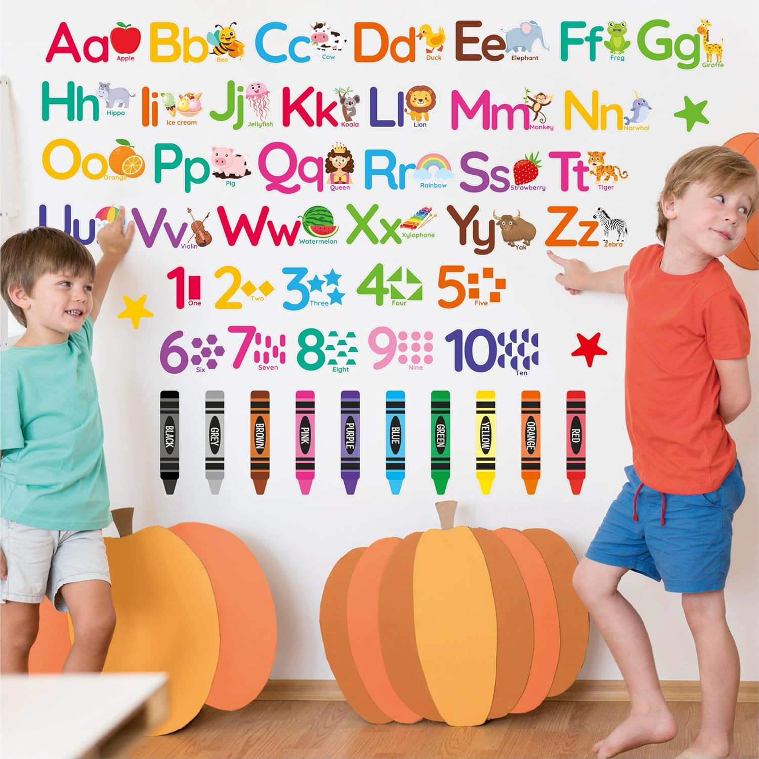 Animal Alphabet Numbers Wall Decals – 6 Sheets 55 Pcs Colorful Educational Wall