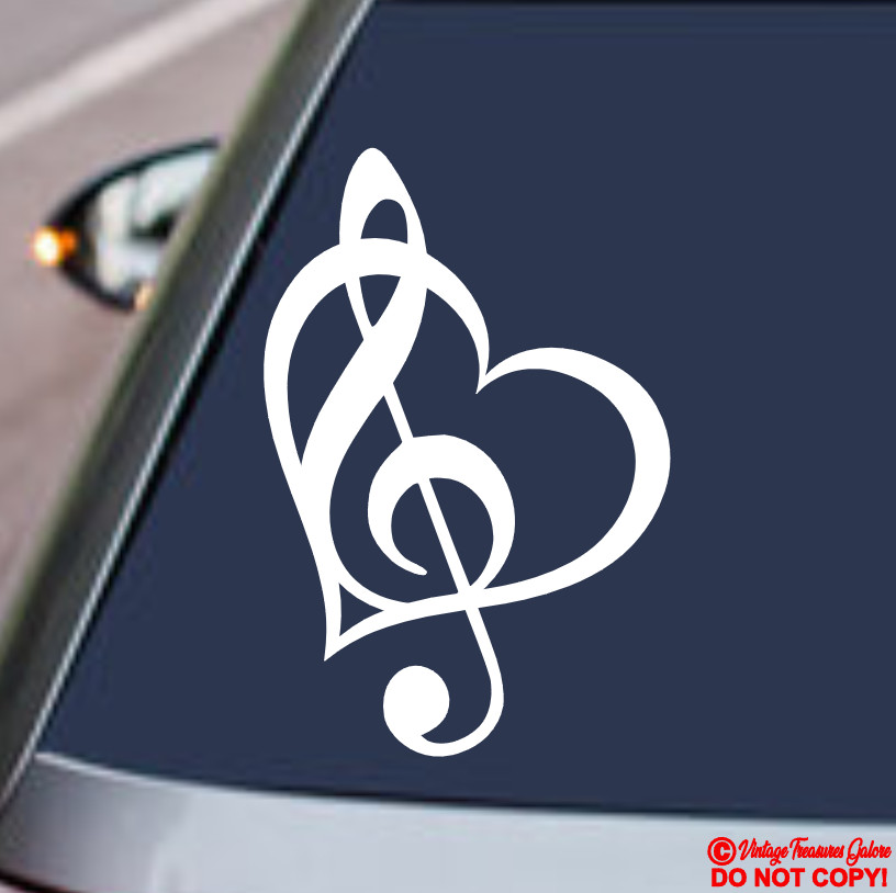 TREBLE CLEF HEART Vinyl Decal Sticker Car Window Wall Bumper Music Symbol Guitar