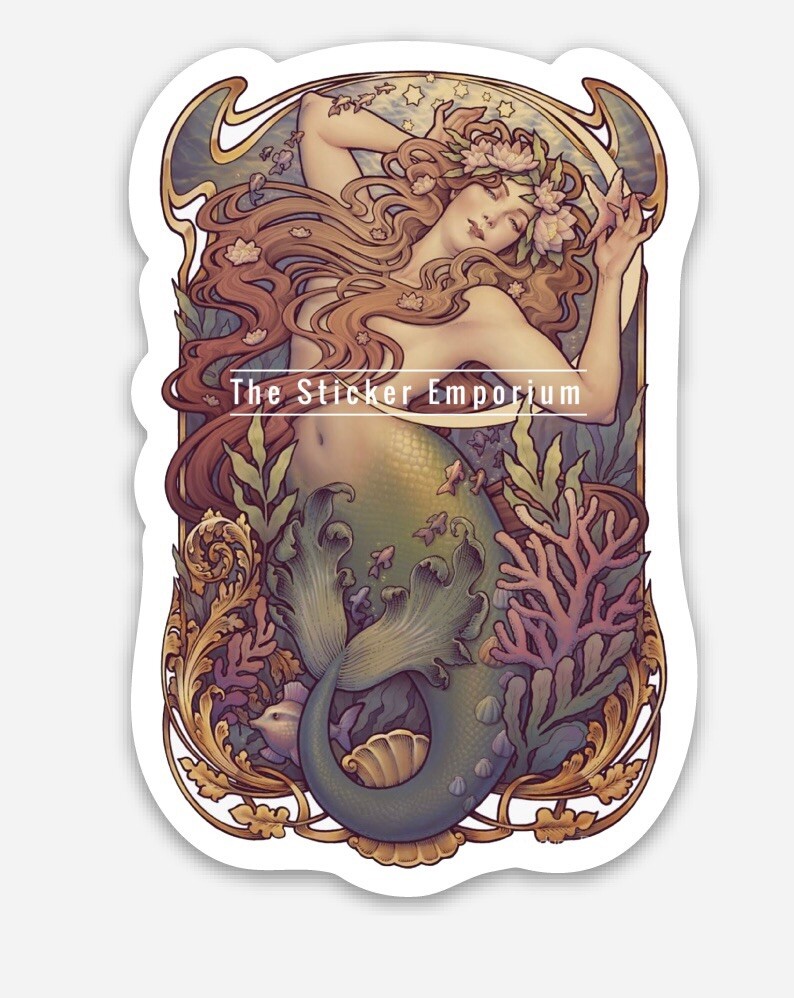 Sea Mermaid Ocean Beach Nautical Sticker ~ Art Deco Laptop Tumbler Car Decal