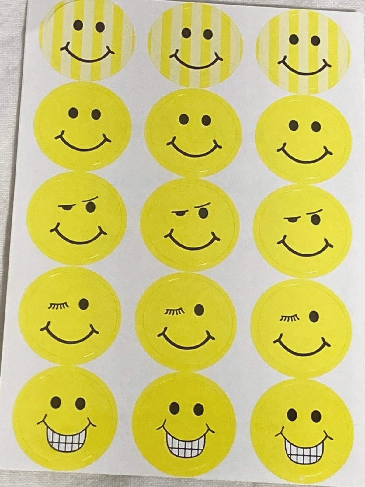 Vntg Happy Smiley Multi -Face Adhesive Craft Stickers 1″ H. Yellow 2 Sheets