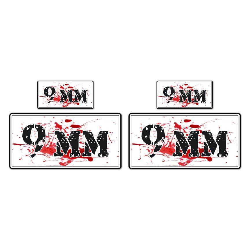 9 mm Bloody Ammo Box Set, Vinyl Decal Sticker, 2@ 1″x2″ & 2@ 2″x4″, #8467