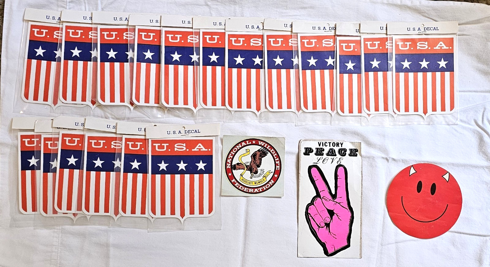 Mixed Lot Sticker Decal U.S.A. Flag Devil Smiley Face V Peace Sign Wildlife Fed.