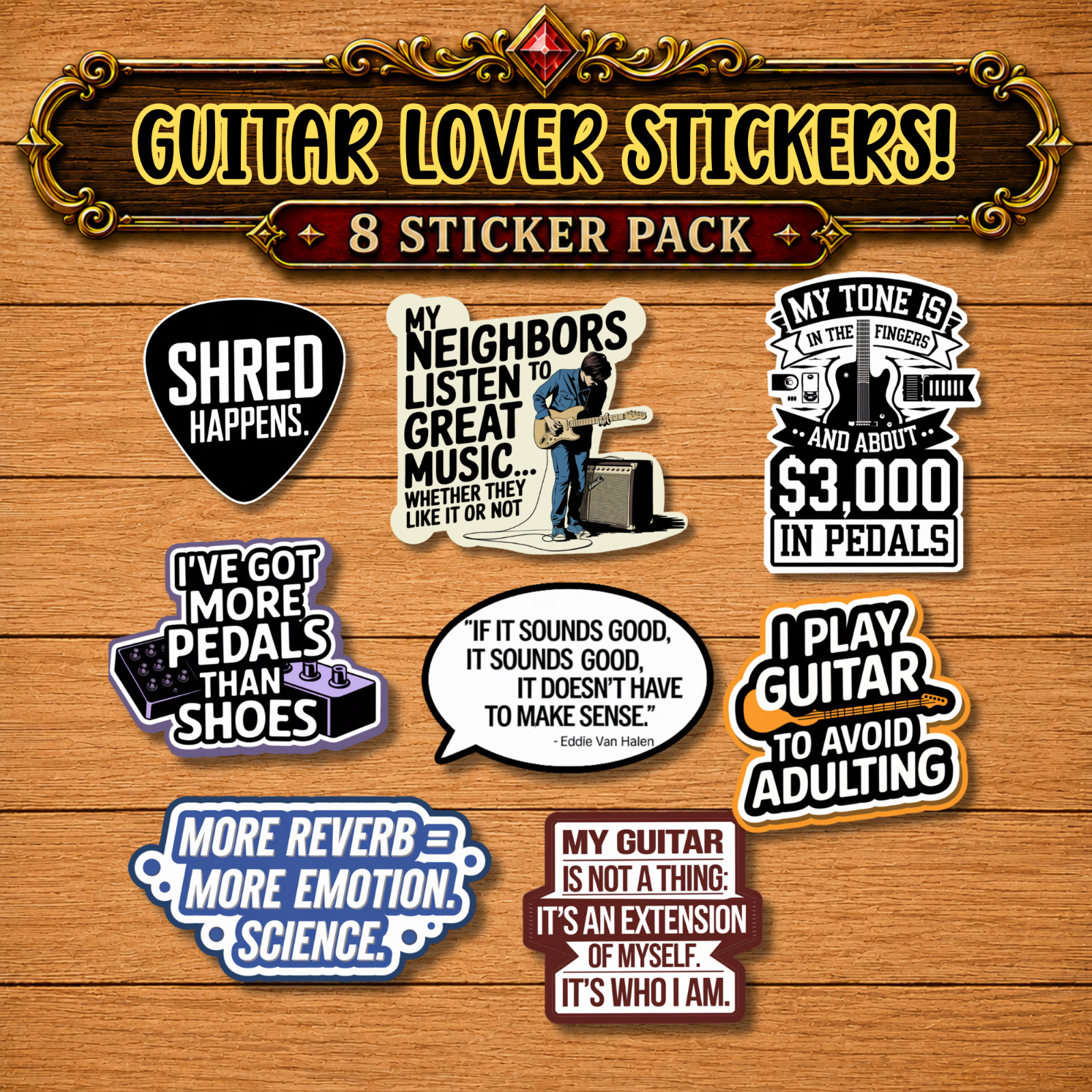 Funny Guitar Player Stickers, Water-Resistant Vinyl Decals, Music Lover Gift