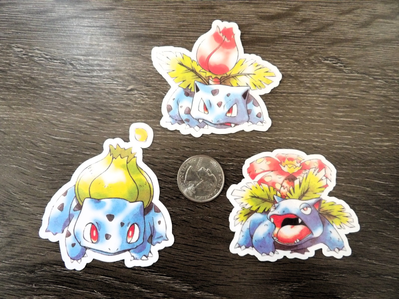 Gen 1 Bulbasaur, Ivysaur & Venusaur Stickers – Lot of 3 – Red & Blue Artwork