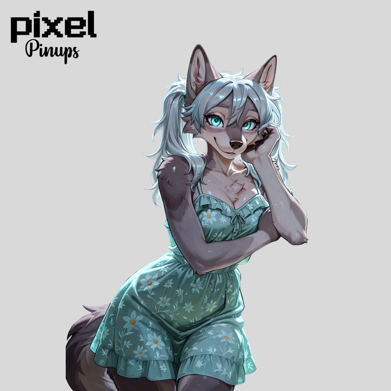 Furry Wolf Girl Pinup Sticker 5.1″ Skady Floral Summer Sundress Cute Vinyl Waifu