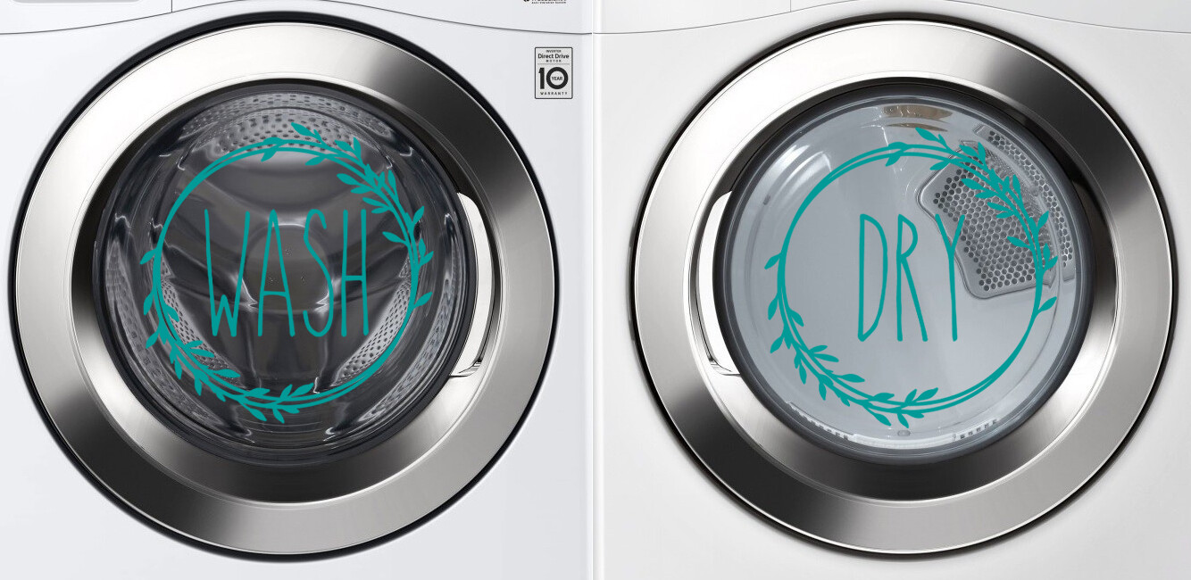 Wash Dry Wreath Vinyl Decals | Skinny Font Laundry Room Decor | Die Cut Stickers