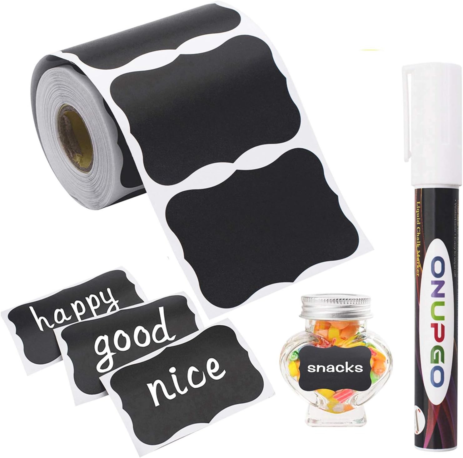 ONUPGO Chalkboard Labels-180pcs Waterproof Reusable Blackboard Stickers with 1 L
