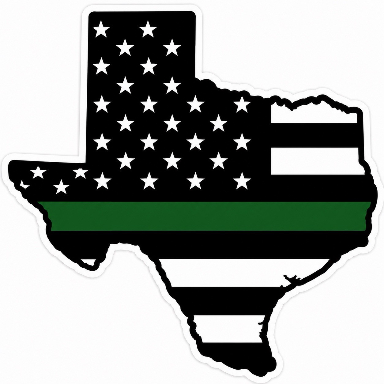 Texas Outline Thin Green Line Flag Sticker Decal, Black/White/Green