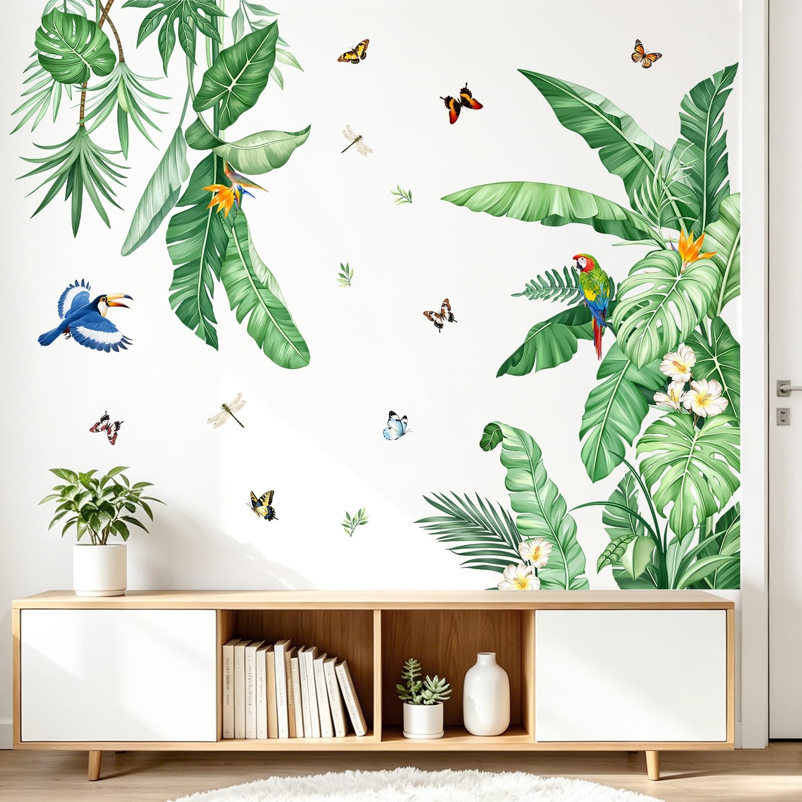 Tropical Palm Leaves Wall Decals Nature Jungle Leaf Green Plants Birds Wall A…