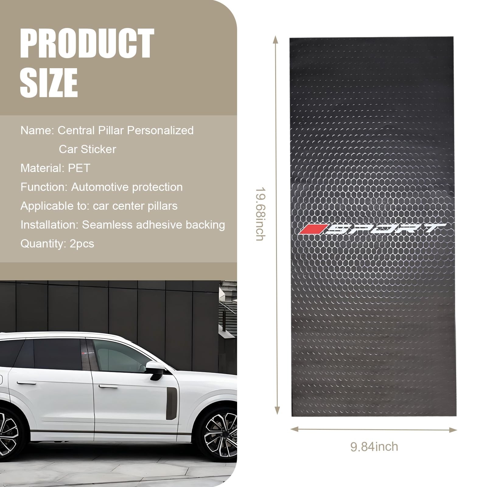 2 PCS Honeycomb Pattern Car Window B Pillar Stickers, 9.84″ x 19.69″ Car Door…