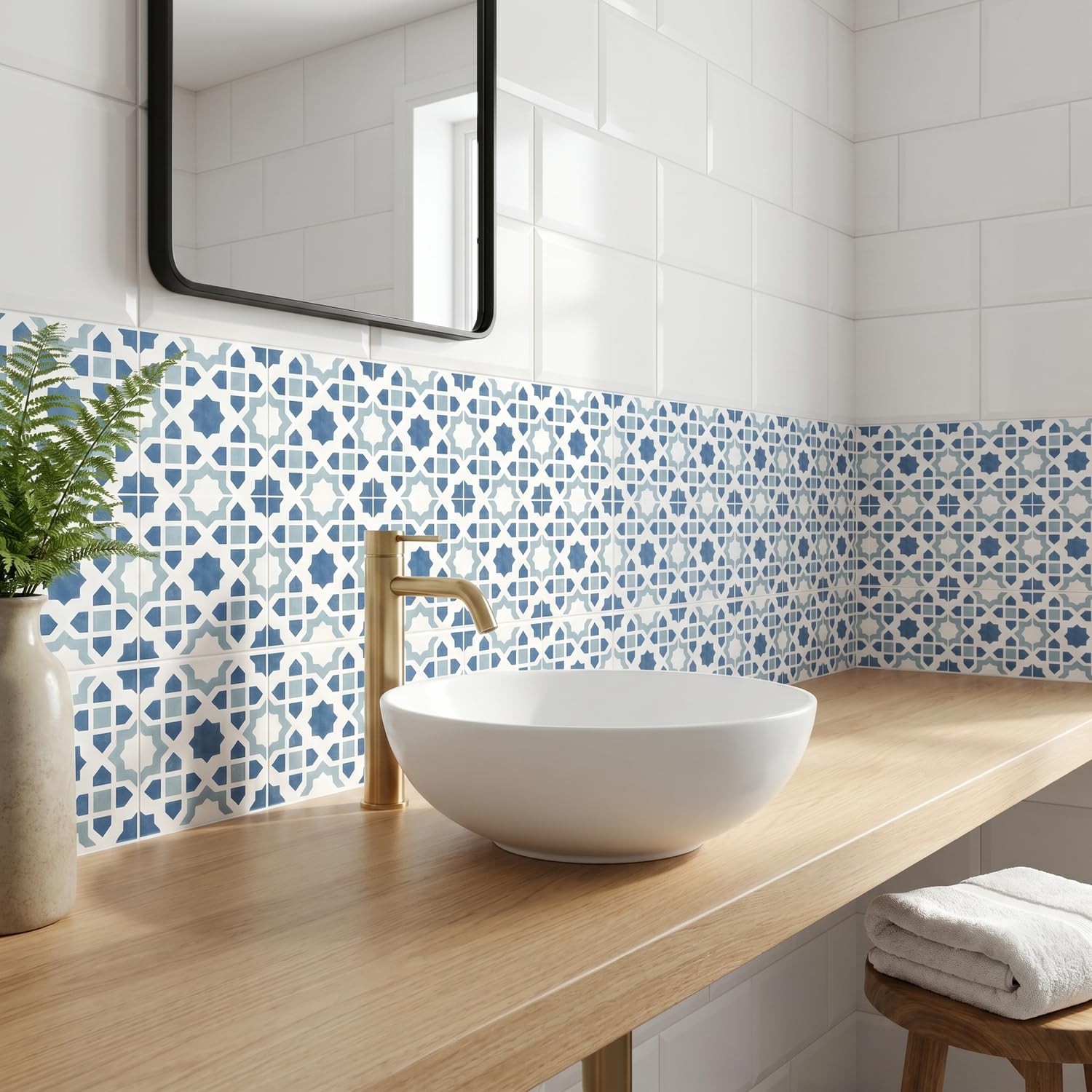 16 Pack, 5.9 Inch Modern Moroccan Tile Decals, Dusty Blue Geometric Peel and …