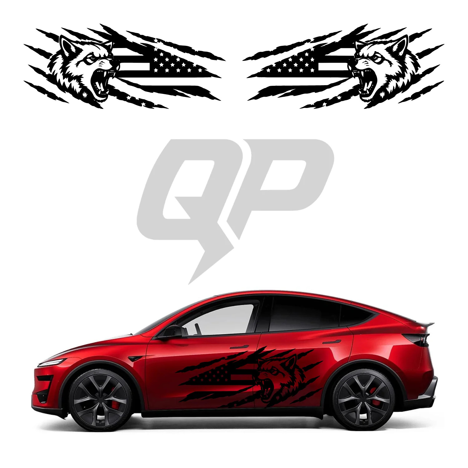 Tesla Model Y Wolf American Flag Claw Scratch Decal Kit