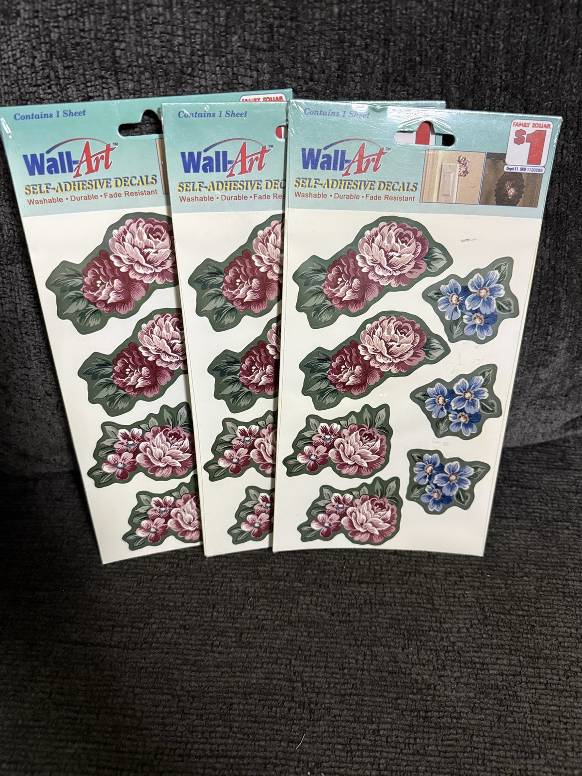 Wall-Art Self Adhesive Decals Juliette Floral Washable Fade Resistant Lot of 3
