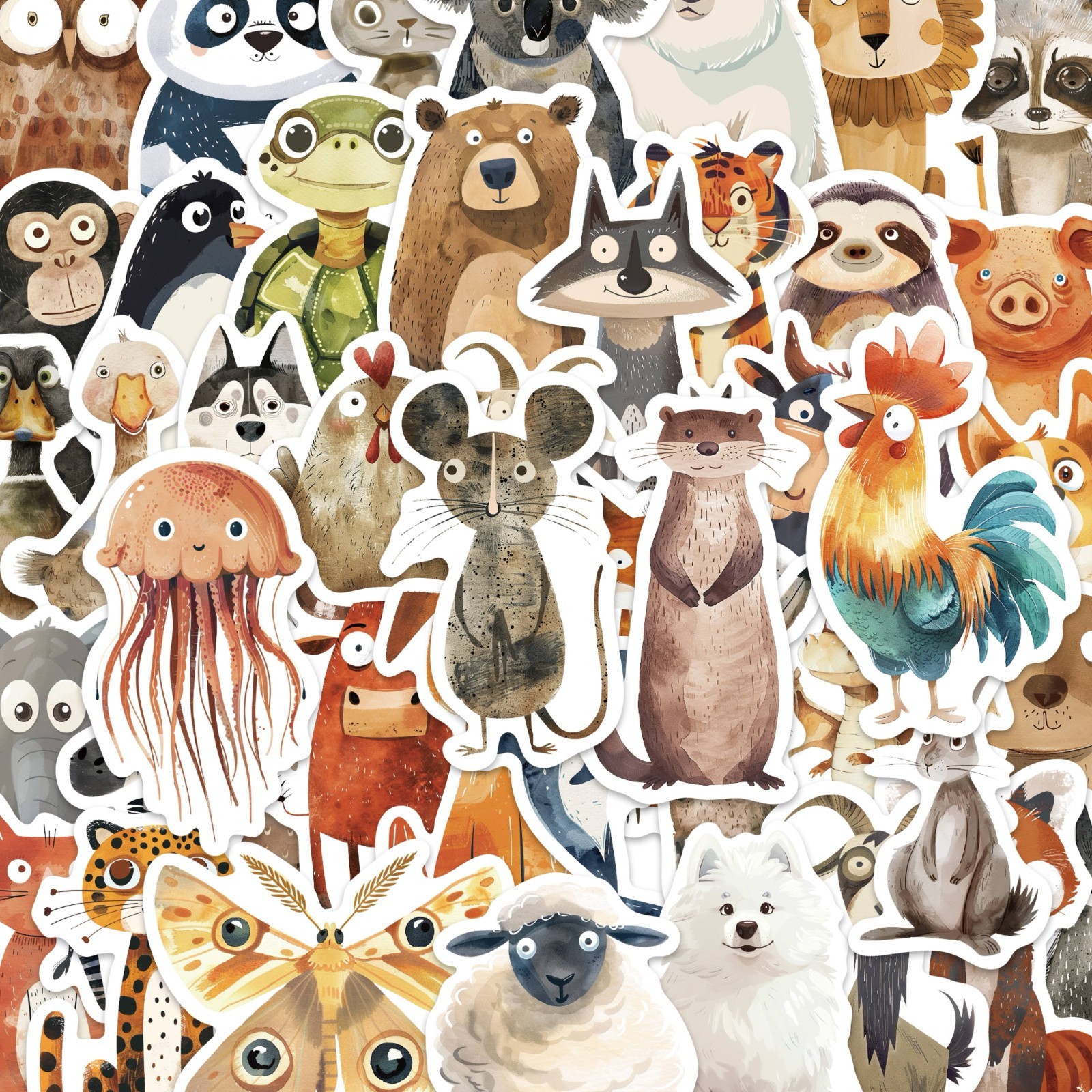 50pcs Watercolor Animal Stickers Cute Cartoon Vinyl Waterproof Laptop Decals