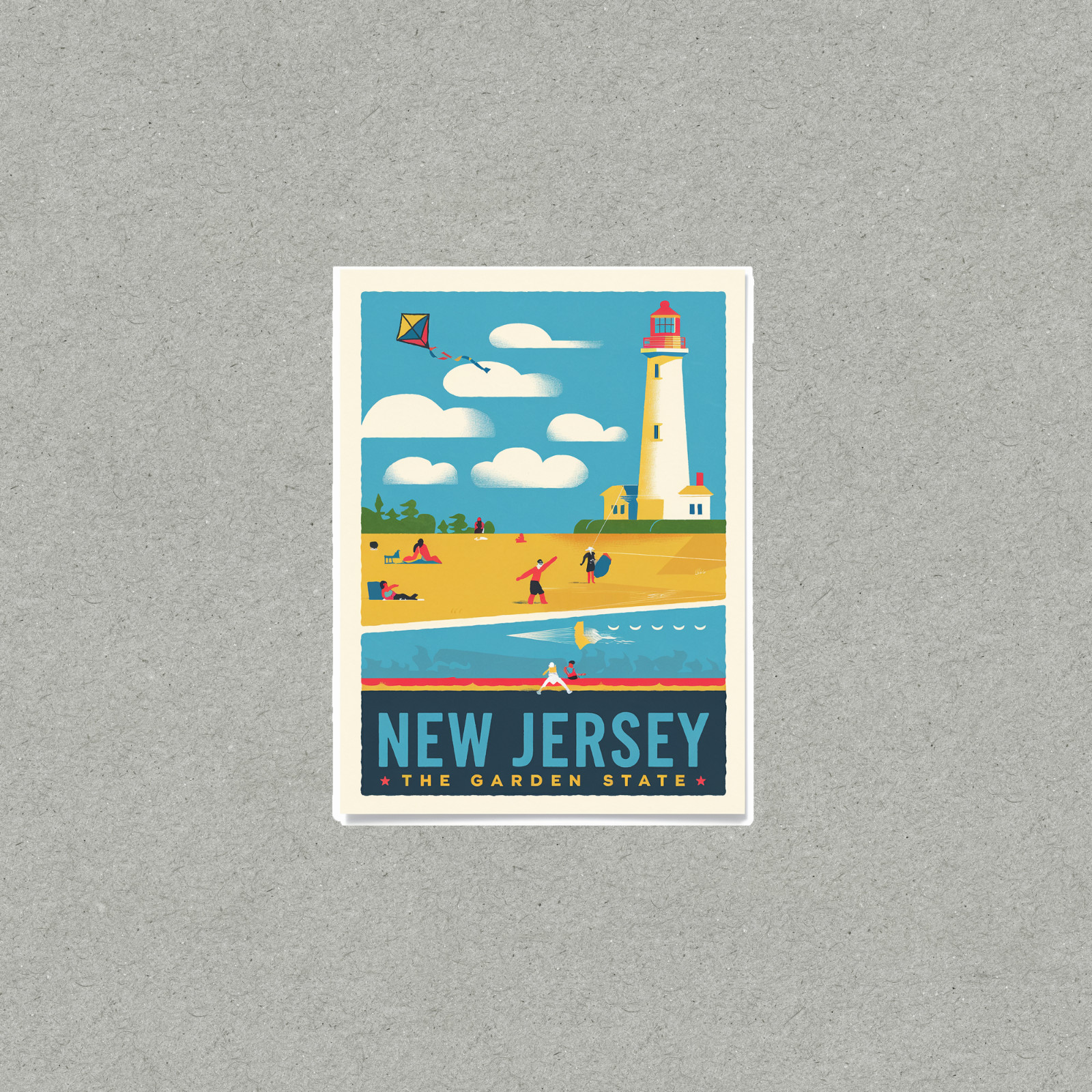 Vintage New Jersey Travel sticker – Beach Lighthouse Kite Sailing Wall Art Print