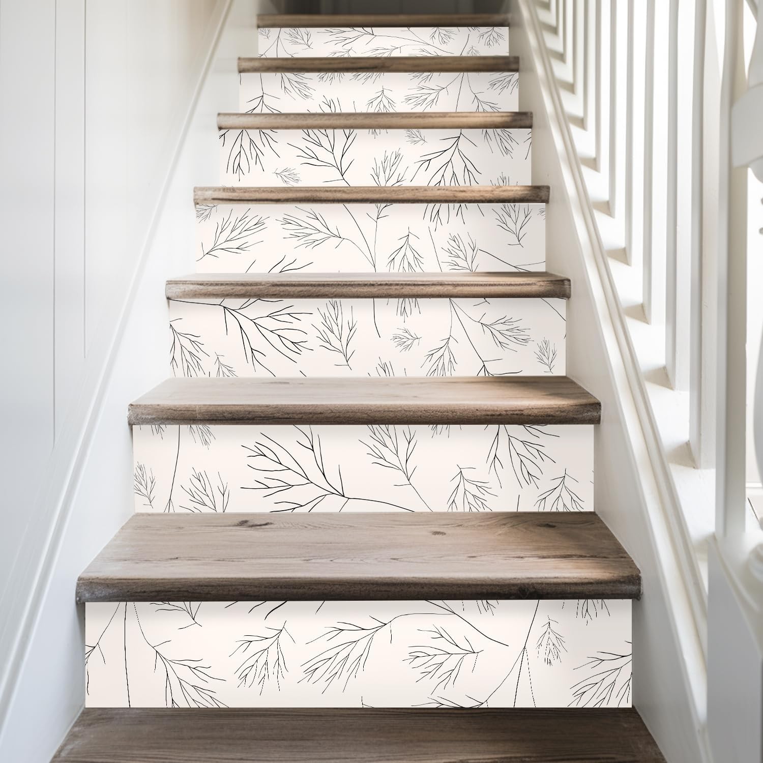 14pc Hand Drawn Stair Riser Decals Black Abstract Branch Leaves Peel & Stick