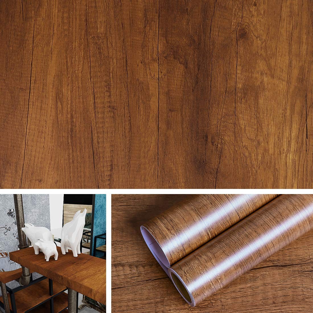Livelynine Brown Wood Contact Paper Waterproof Kitchen Cabinet Wallpaper Peel…