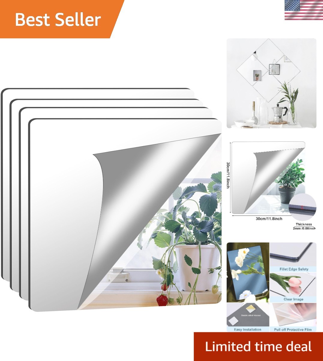 2MM Thick Frameless Acrylic Mirror Tiles – 12×12 Inches Wall Stickers Pack of 4