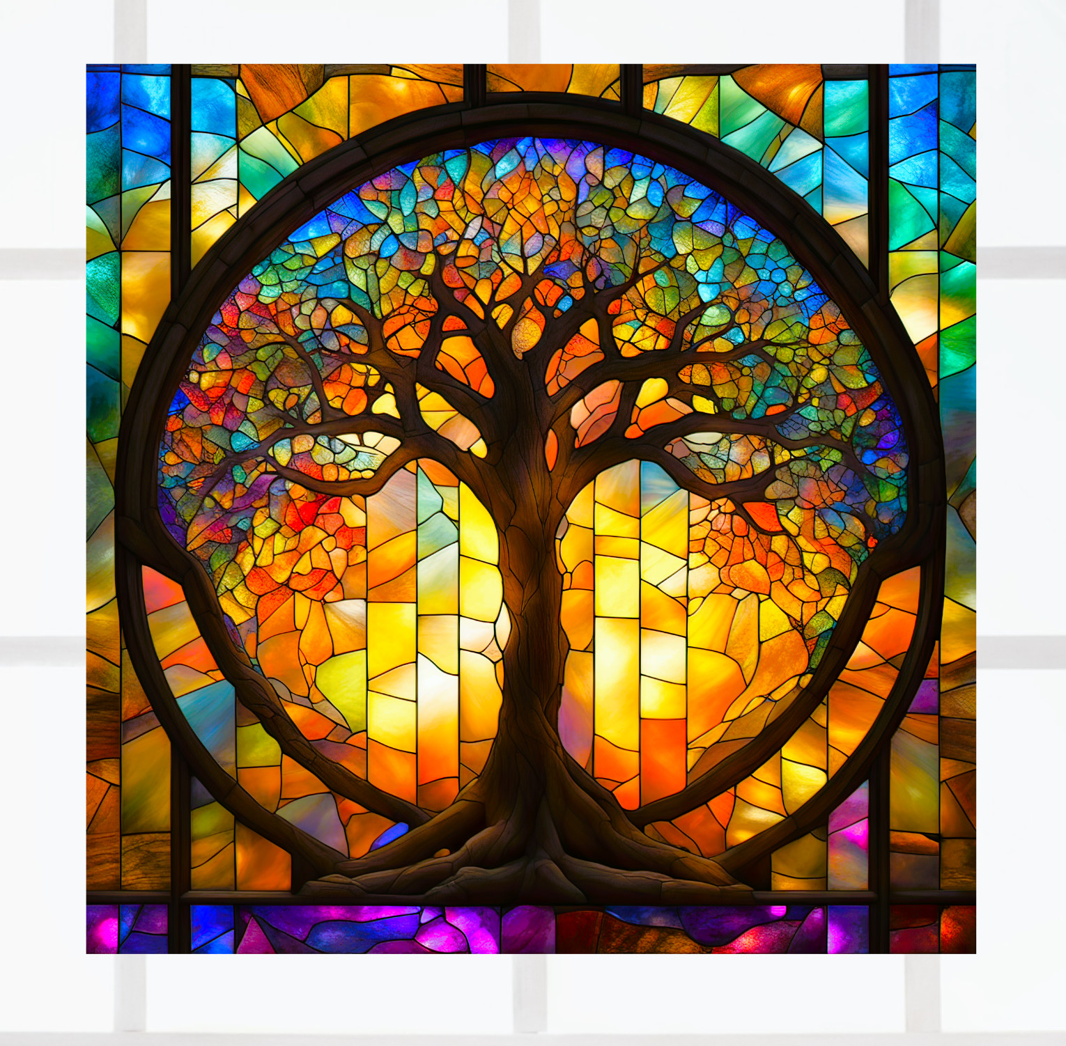 Tree of Life ~ Faux Stained-Glass WINDOW CLING Size 8″ Square Vinyl