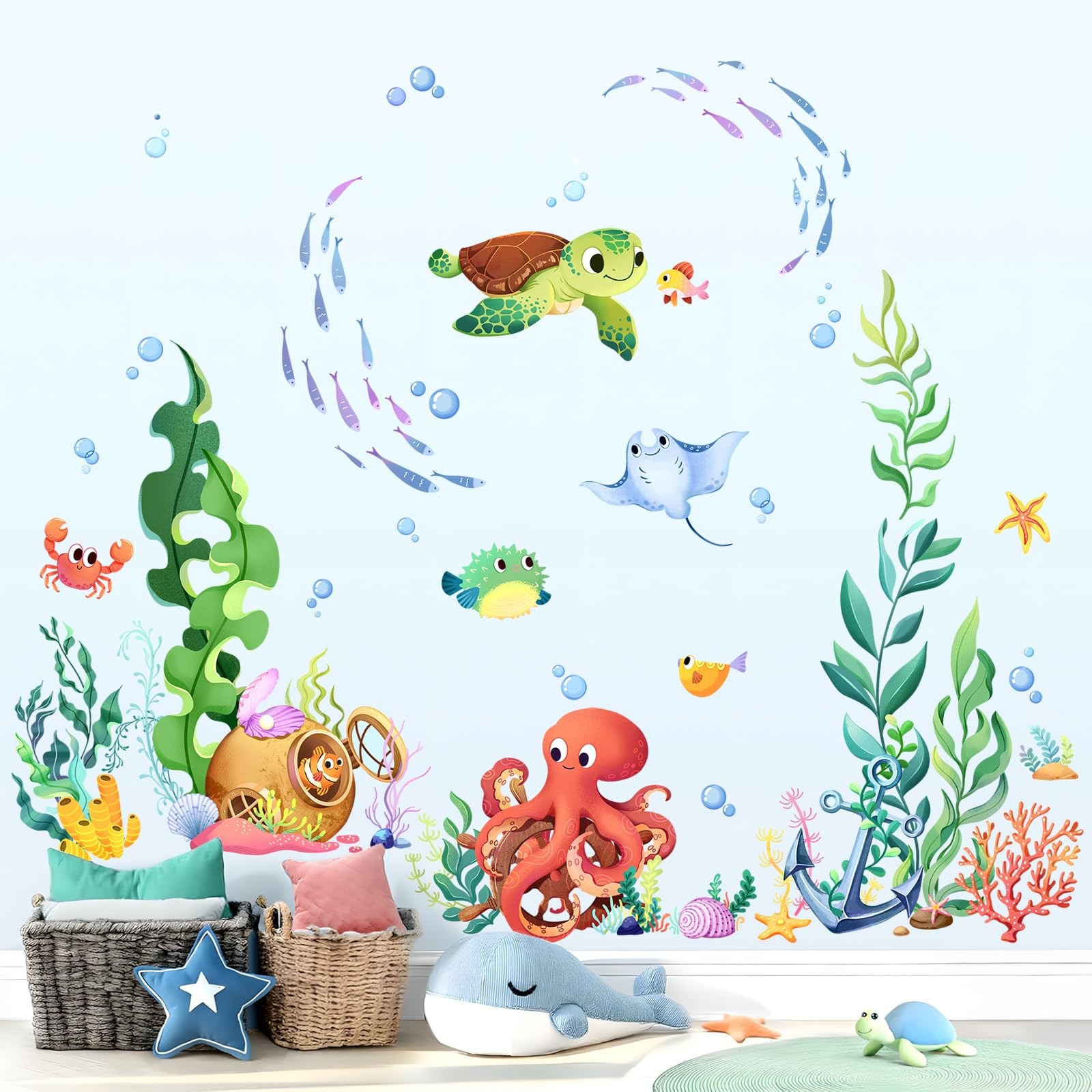 Under the Sea Wall Decals Ocean Fish Seaweed Sea Turtle Octopuses Wall Sticke…
