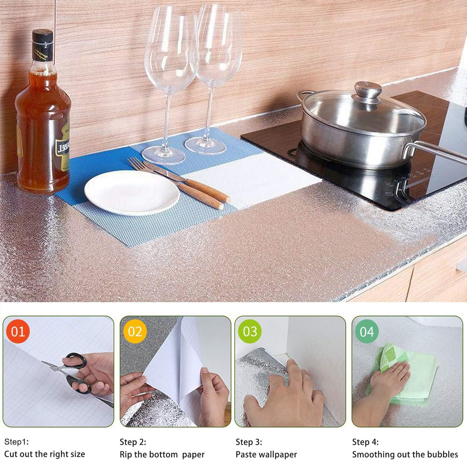 Silver Contact Paper for Kitchen Oil Proof Waterproof Sticker Aluminum Foil Kitc