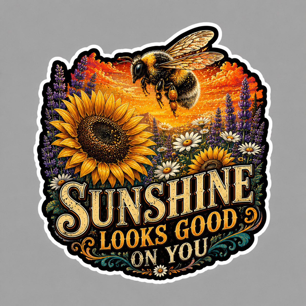 Bumble Bee Sticker Vinyl Decal Sunshine Looks Good On You Floral Positive Quote